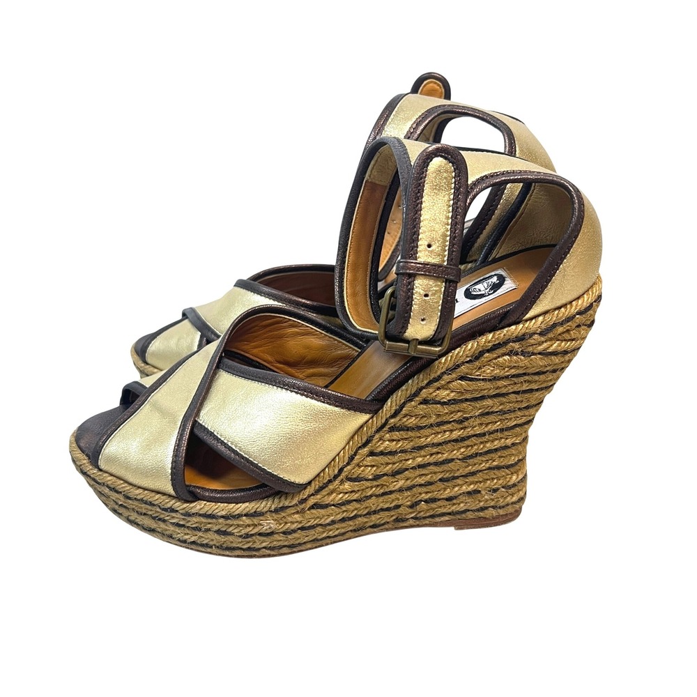 Lanvin Womens Wedge Espadrille Platform‎ Sandal Gold Brown Size 39 8